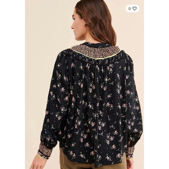 FREE PEOPLE Black Floral Paloma Pleated Printed Blouse Top Sz. M Medium - Picture 2 of 5